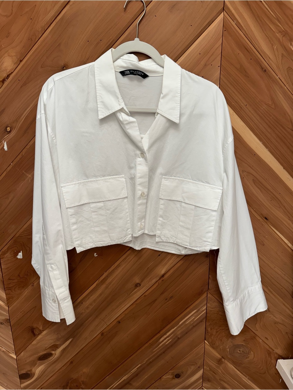 Zara White Cropped Button-Front Pocket Shirt XL
